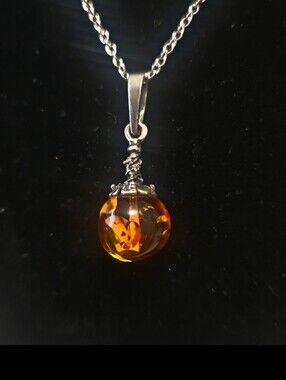 Vintage Baltic Amber  Pendant Stone On Basic Chain 925 Silver